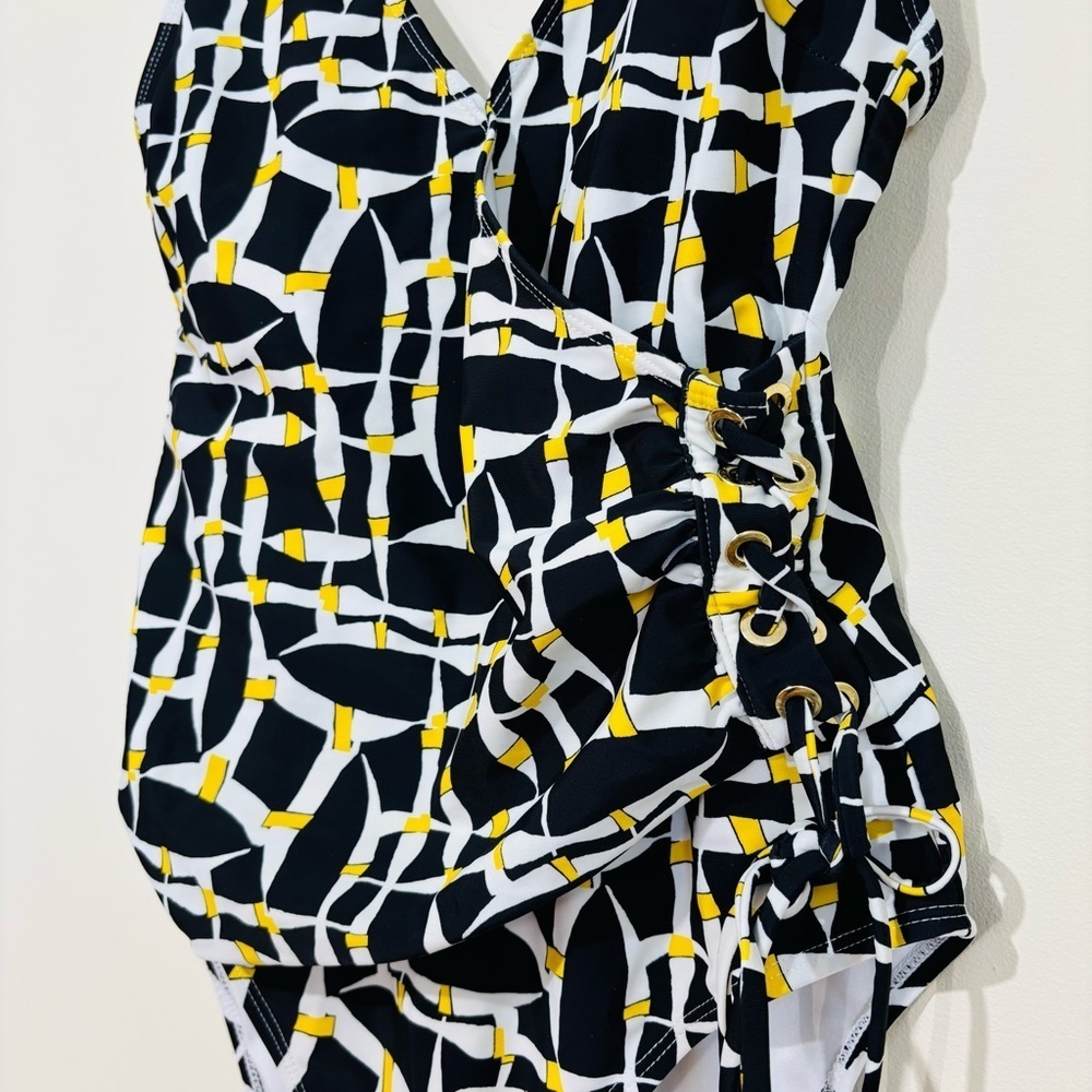 Tahari Off The Grid Black Yellow White Lace Up Grommet One-Piece Swimsuit Large - Picture 4 of 16
